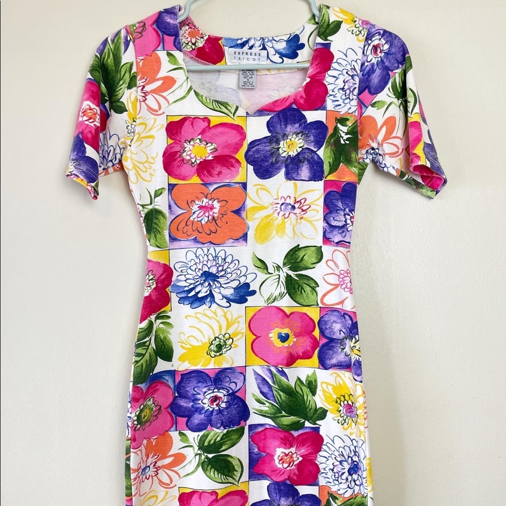 Vintage Express Tricot Colorful Floral bodycon stretchy dress - Picture 5 of 9